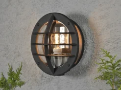 LED Außenwandleuchte mit Steckdose, Alu Schwarz & Klarglas, Ø 31cm