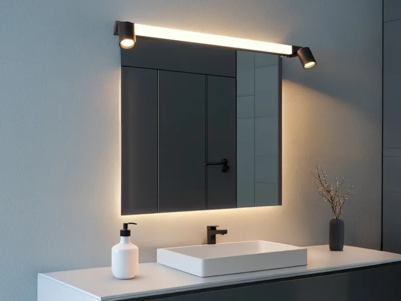 LED Bad Spiegelleuchte mit Schalter & 2 Spots Schwarz inkl. GU10 LED Breite 90cm