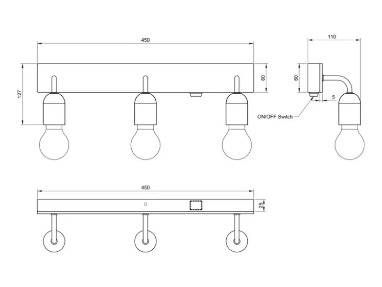 LED Bad Wandleuchte mit Holz und Schalter, 3-flammig Breite 45cm