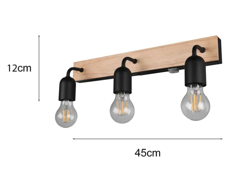 LED Bad Wandleuchte mit Holz und Schalter, 3-flammig Breite 45cm