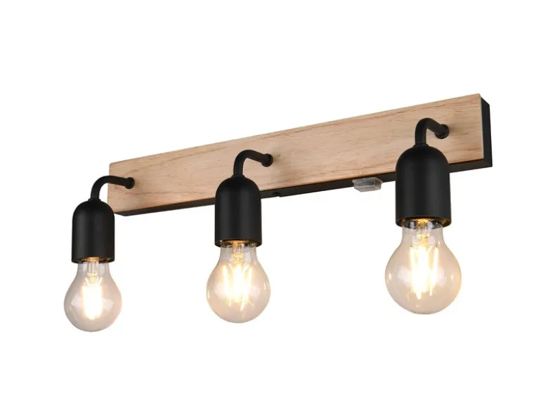 LED Bad Wandleuchte mit Holz und Schalter, 3-flammig Breite 45cm