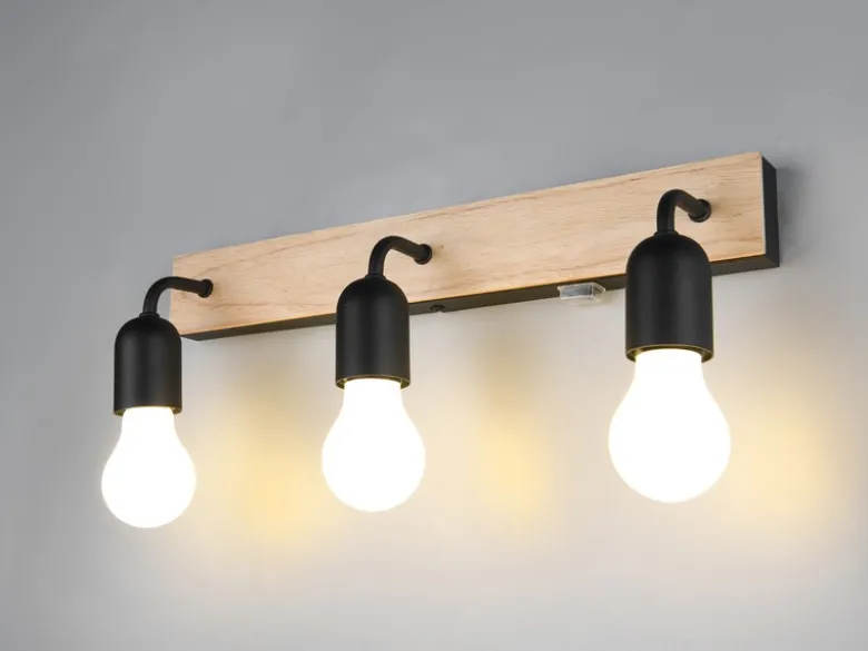 LED Bad Wandleuchte mit Holz und Schalter, 3-flammig Breite 45cm