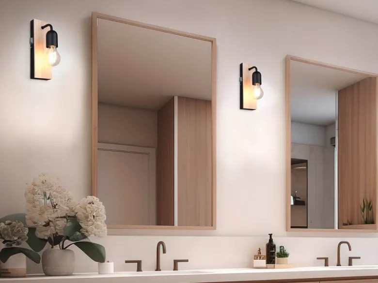 LED Bad Wandleuchte mit Holz und Schalter, 1-flammig Höhe 24cm