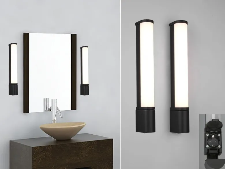 LED Bad Wandleuchten 2er Set mit Steckdose Schwarz - Spiegelleuchten, B: 41,5cm