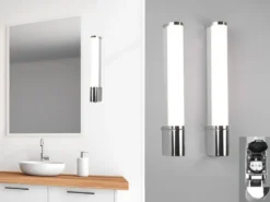 LED Bad Wandleuchten 2er Set mit Steckdose Chrom - Spiegelleuchten, B: 41,5cm