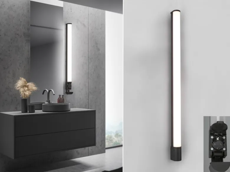 LED Bad Wandleuchte PIERA mit Steckdose Schwarz - Spiegelleuchte, Breite 119cm