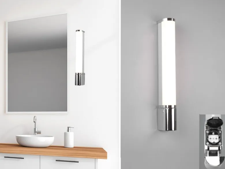 LED Bad Wandleuchte PIERA mit Steckdose Chrom 41,5cm - Spiegelleuchte