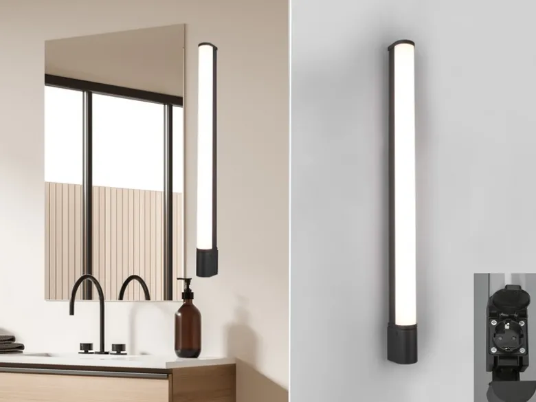 LED Bad Wandleuchte PIERA mit Steckdose Schwarz - Spiegelleuchte, Breite 79cm