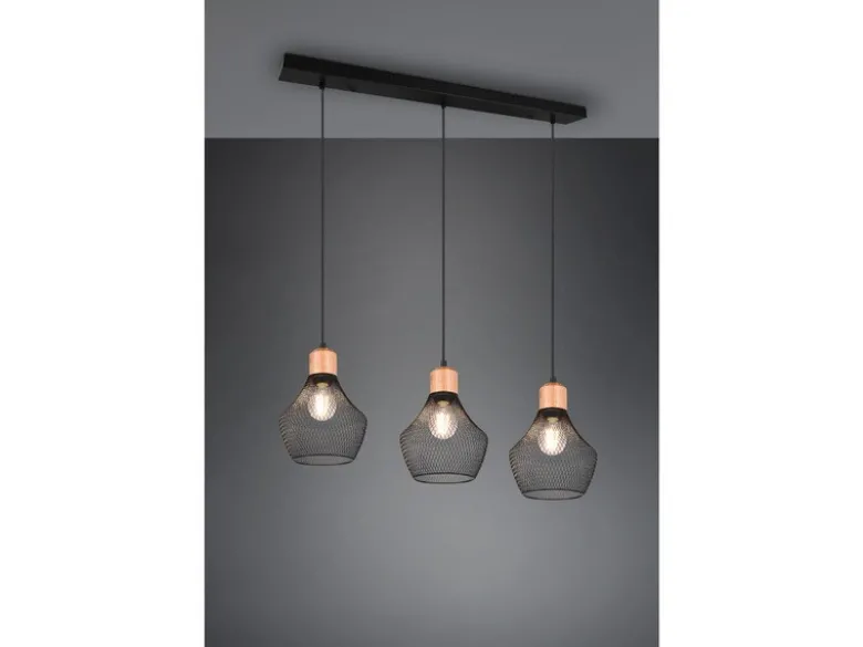 LED Balken Pendelleuchte Drahtgeflecht Schwarz mit Holz Breite 80cm