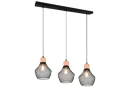 LED Balken Pendelleuchte Drahtgeflecht Schwarz mit Holz Breite 80cm