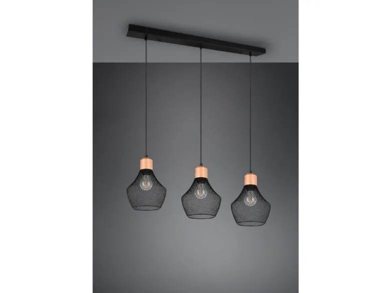 LED Balken Pendelleuchte Drahtgeflecht Schwarz mit Holz Breite 80cm