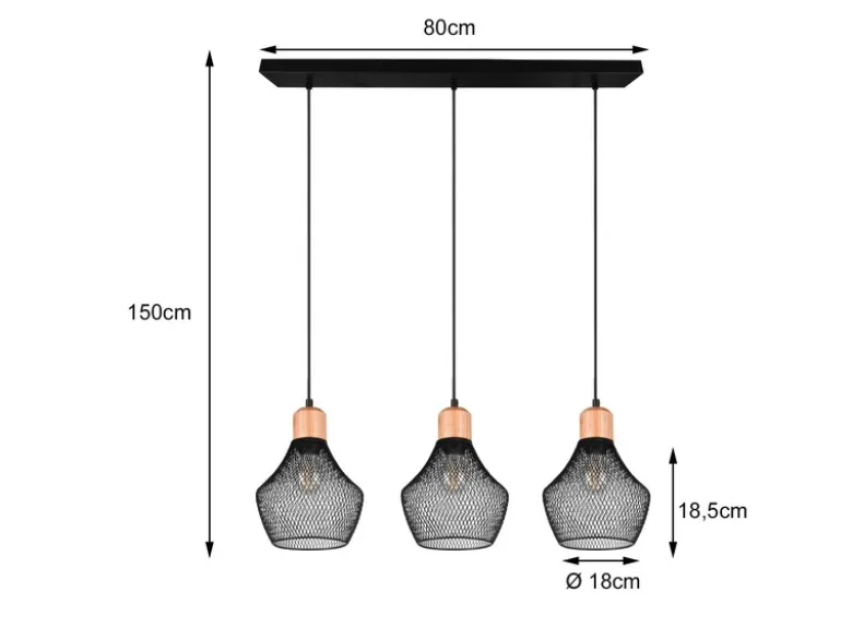 LED Balken Pendelleuchte Drahtgeflecht Schwarz mit Holz Breite 80cm