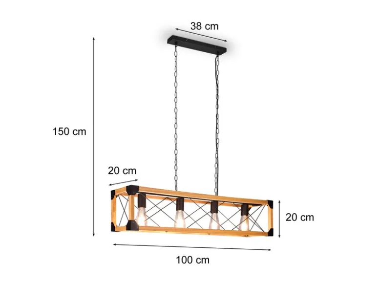 LED Balken Pendelleuchte 4 flammig Schwarz mit Holzbalken, Breite 100cm