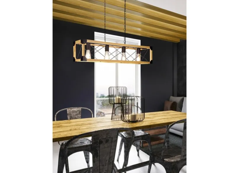 LED Balken Pendelleuchte 4 flammig Schwarz mit Holzbalken, Breite 100cm