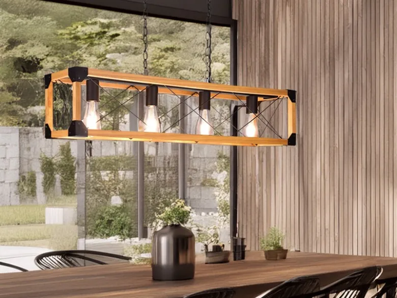 LED Balken Pendelleuchte 4 flammig Schwarz mit Holzbalken, Breite 100cm