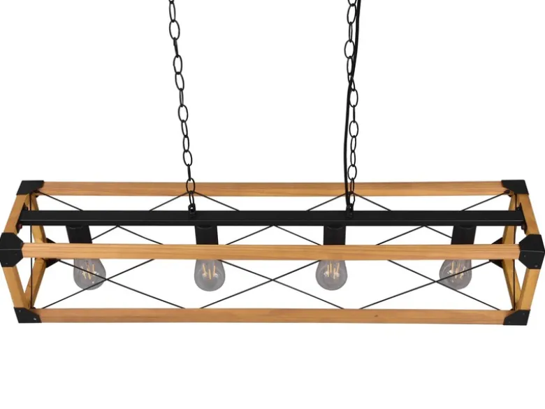 LED Balken Pendelleuchte 4 flammig Schwarz mit Holzbalken, Breite 100cm