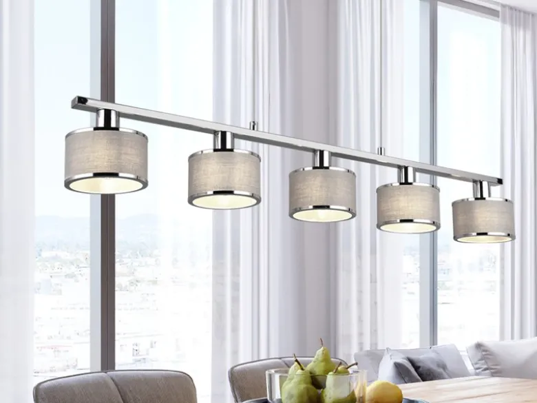LED Balkenpendelleuchte 5-flammig Lampenschirme Stoff Grau, Breite 92cm