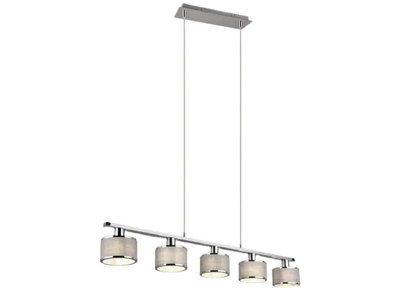 LED Balkenpendelleuchte 5-flammig Lampenschirme Stoff Grau, Breite 92cm