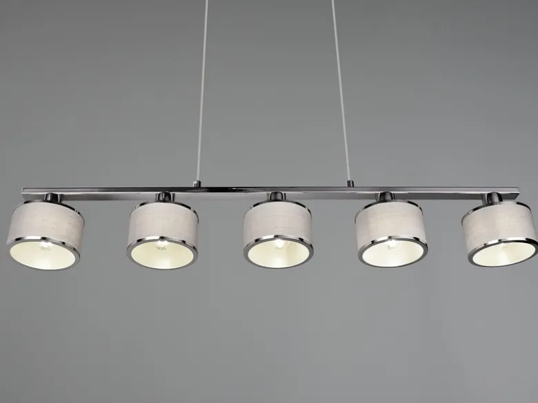 LED Balkenpendelleuchte 5-flammig Lampenschirme Stoff Grau, Breite 92cm