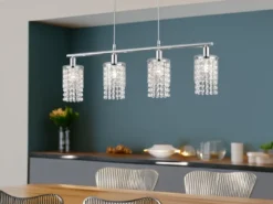 LED Balken Pendelleuchte 4-flammig mit Acryl Kristall Behang, Breite 80cm