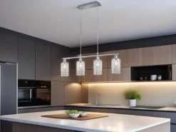 LED Balken Pendelleuchte 4-flammig mit Acryl Kristall Behang, Breite 80cm