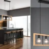 LED Balken Pendelleuchte 3 flammig Schwarz mit Holzbalken, Breite 60cm