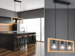 LED Balken Pendelleuchte 3 flammig Schwarz mit Holzbalken, Breite 60cm