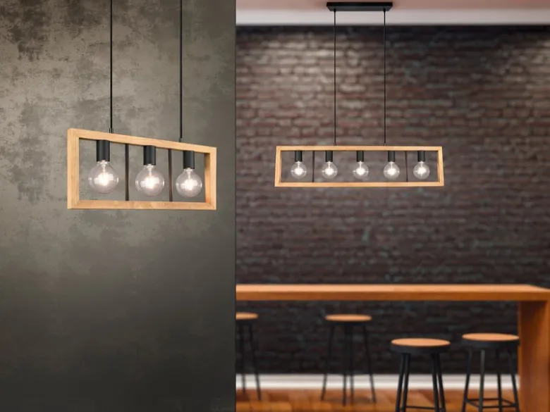 LED Balken Pendelleuchte 3 flammig Schwarz mit Holzbalken, Breite 60cm