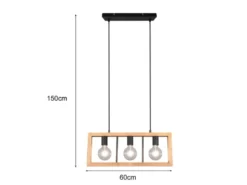 LED Balken Pendelleuchte 3 flammig Schwarz mit Holzbalken, Breite 60cm