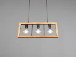 LED Balken Pendelleuchte 3 flammig Schwarz mit Holzbalken, Breite 60cm