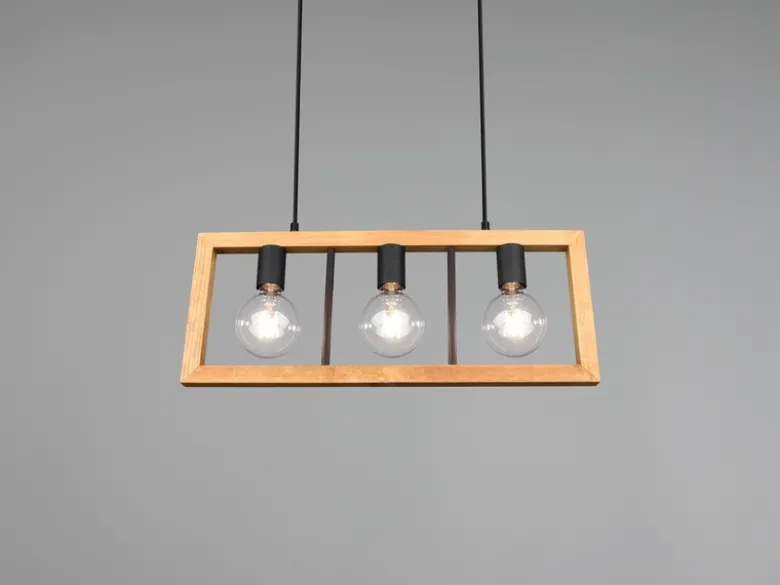 LED Balken Pendelleuchte 3 flammig Schwarz mit Holzbalken, Breite 60cm