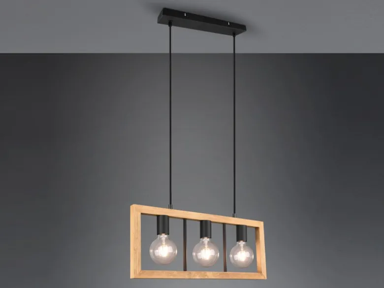 LED Balken Pendelleuchte 3 flammig Schwarz mit Holzbalken, Breite 60cm