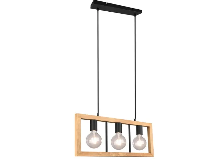 LED Balken Pendelleuchte 3 flammig Schwarz mit Holzbalken, Breite 60cm