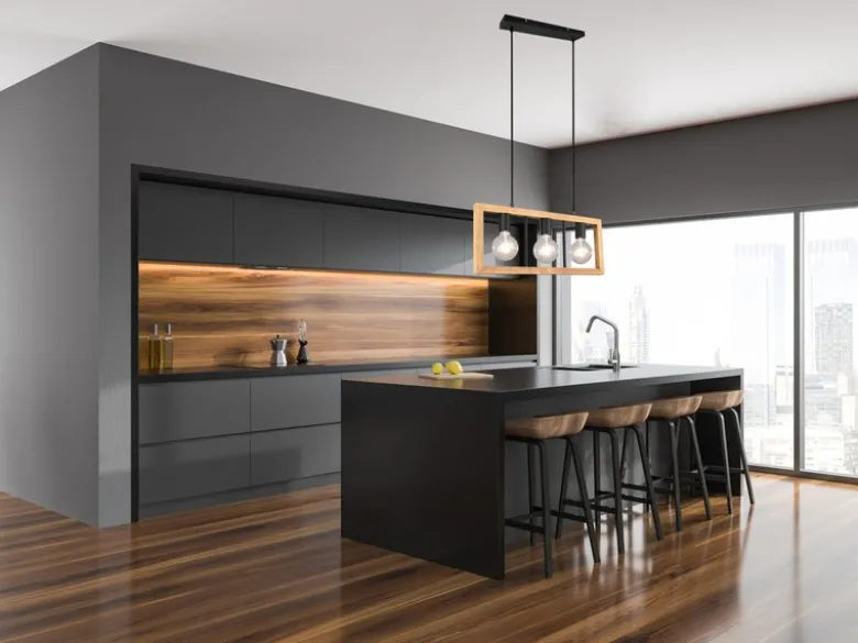 LED Balken Pendelleuchte 3 flammig Schwarz mit Holzbalken, Breite 60cm