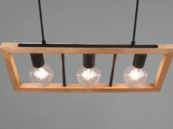 LED Balken Pendelleuchte 3 flammig Schwarz mit Holzbalken, Breite 60cm