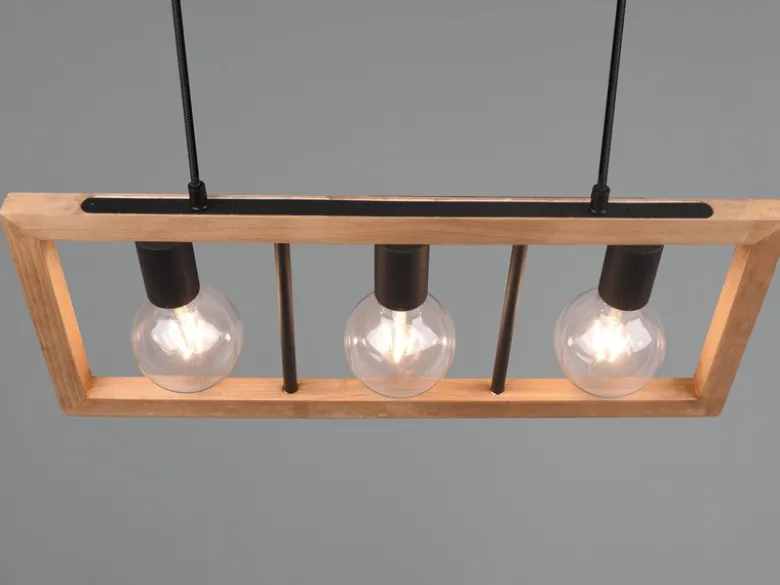 LED Balken Pendelleuchte 3 flammig Schwarz mit Holzbalken, Breite 60cm