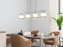 LED Balkenpendelleuchte 4-flammig mit Stoffschirmen in Weiß/Grau, Breite 75cm