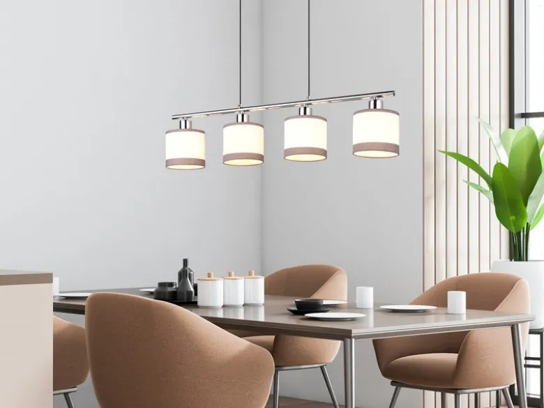 LED Balkenpendelleuchte 4-flammig mit Stoffschirmen in Weiß/Grau, Breite 75cm