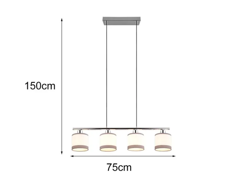 LED Balkenpendelleuchte 4-flammig mit Stoffschirmen in Weiß/Grau, Breite 75cm