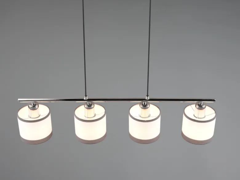 LED Balkenpendelleuchte 4-flammig mit Stoffschirmen in Weiß/Grau, Breite 75cm