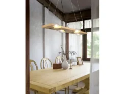 LED Balken Pendelleuchte 4 flammig Holzbrett naturbelassen, Breite 115cm