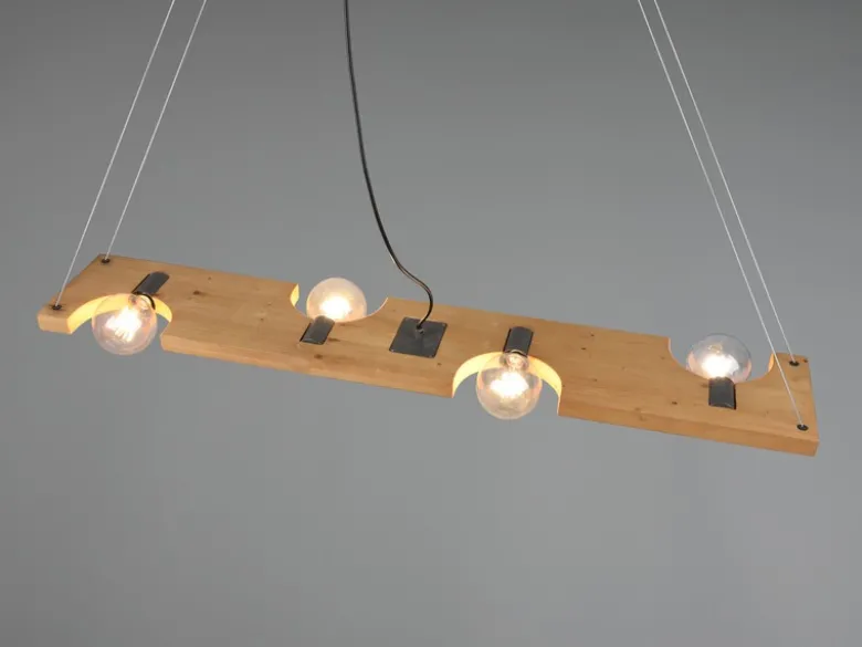 LED Balken Pendelleuchte 4 flammig Holzbrett naturbelassen, Breite 115cm