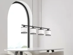 LED Balkenpendelleuchte 4-flammig mit Stoffschirmen Schwarz/Weiß, Breite 75cm