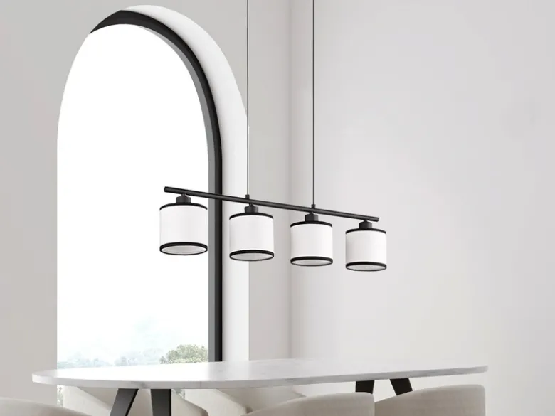 LED Balkenpendelleuchte 4-flammig mit Stoffschirmen Schwarz/Weiß, Breite 75cm