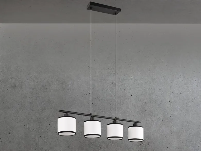 LED Balkenpendelleuchte 4-flammig mit Stoffschirmen Schwarz/Weiß, Breite 75cm