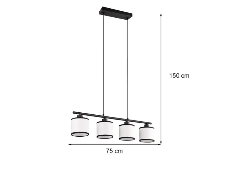 LED Balkenpendelleuchte 4-flammig mit Stoffschirmen Schwarz/Weiß, Breite 75cm