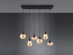 LED Balkenpendelleuchte 6-flammig, Glasschirme amberfarbig, Breite 93cm