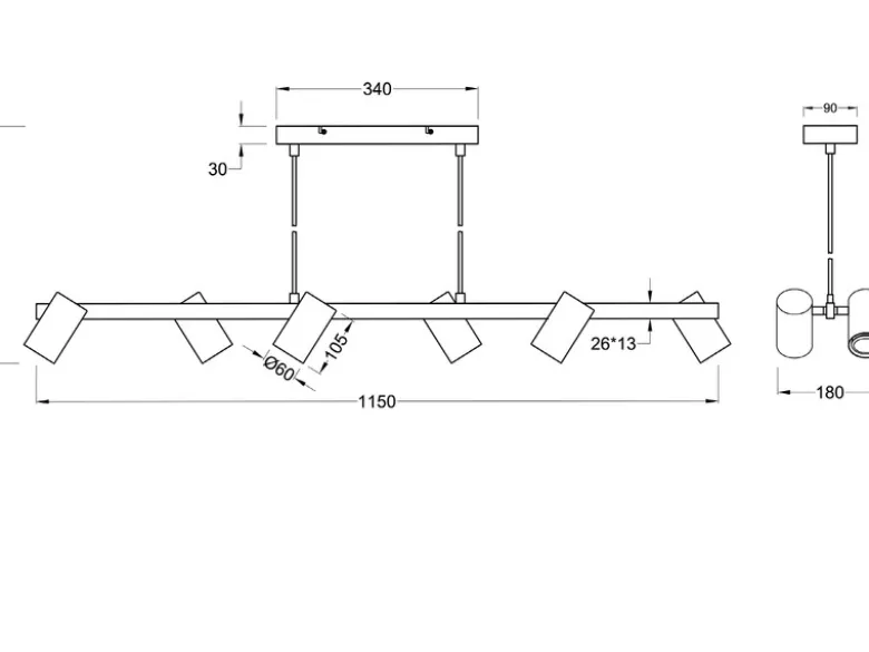 LED Balkenpendelleuchte 6-flammig lang in Schwarz, Breite 115cm