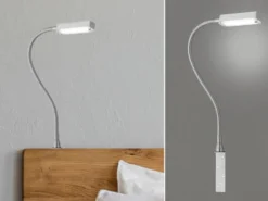 LED Bettlampe RAIK Silber zum Anschrauben, mit Stecker, dimmbar, Breite 3cm