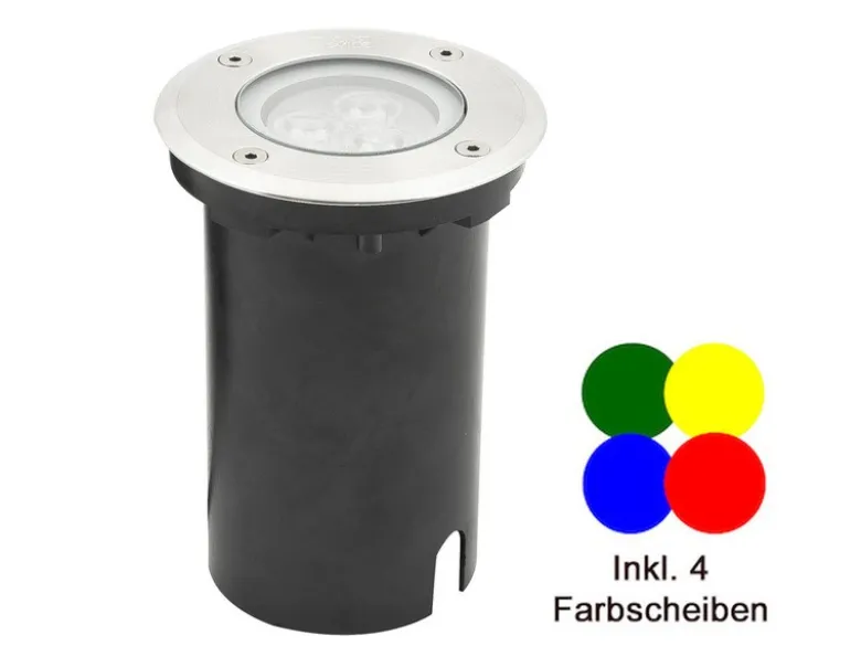 LED Bodeneinbaustrahler mit 4 Farbscheiben, Ø 11 cm, Edelstahl, IP67